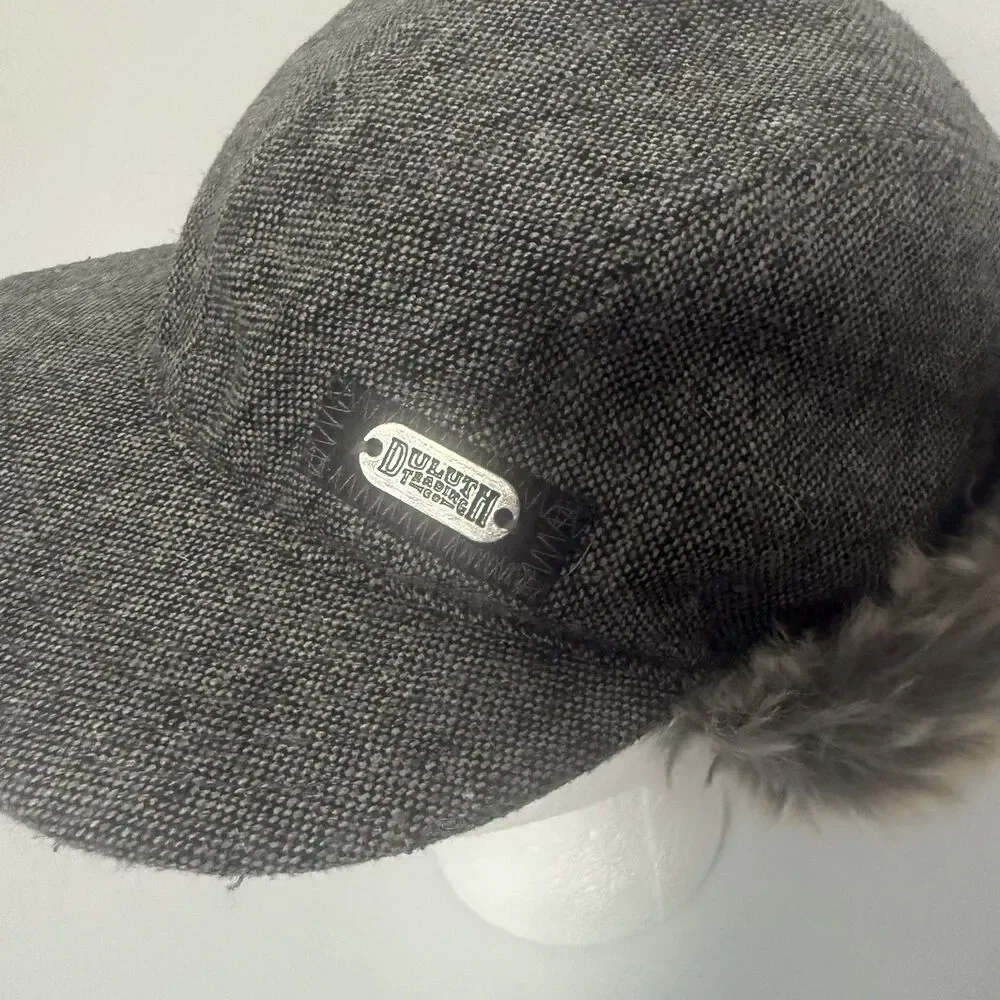 Duluth Trading Co Wool Fair Isle Fur Winter Flap Trapper Gray Gorpcore Hat S/M
